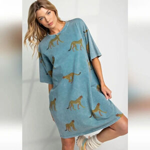 Easel Cheetah Print Mineral Washed T-Shirt Dress New
